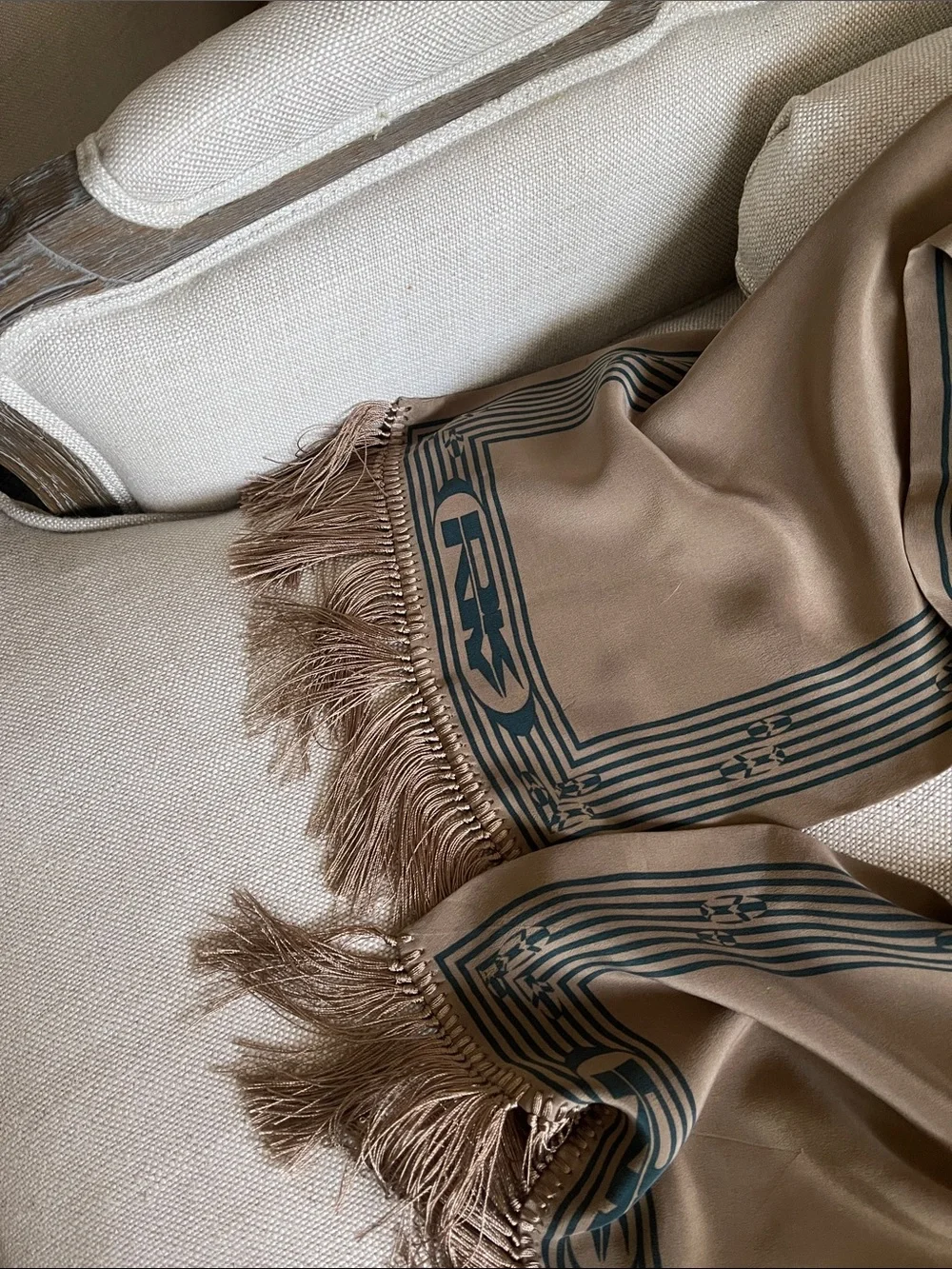 Vintage 100% Silk Dkny tan taupe double sided scarf with Fringe